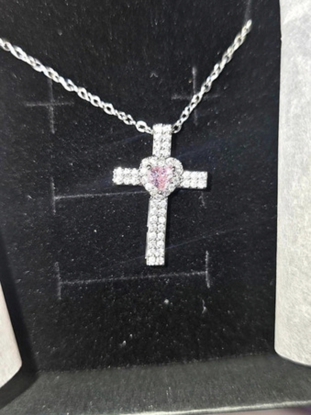 Cross Pendant Necklace in Silver & Pink New
